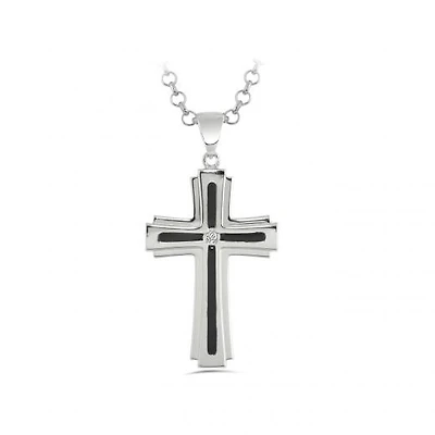 Sterling Silver Men's Cubic Zirconia Black Enamel Cross Necklace
