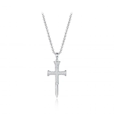 Sterling Silver Men's Cubic Zirconia Cross Pendant On Chain