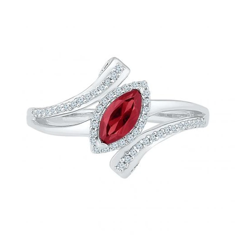 10K White Gold Created Ruby & 0.16CTW Diamond Ring