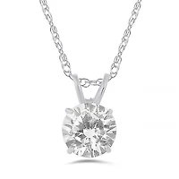 10K White Gold 6mm Round Cubic Zirconia Solitaire Pendant with 17" Chain