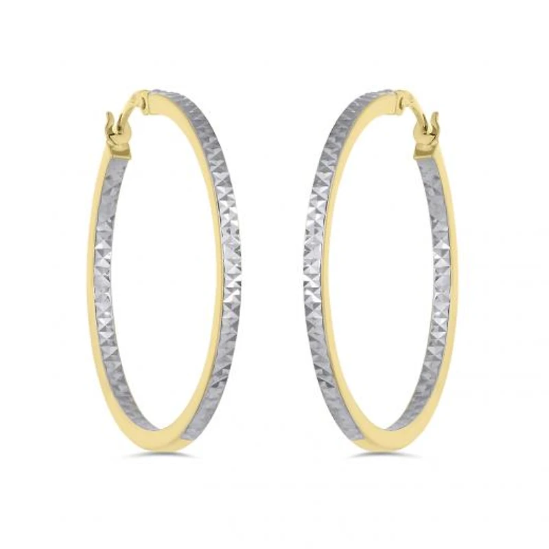 10K Yellow and White Gold Diamond Cut Hoop Earrings