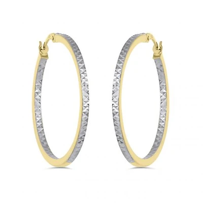 10K Yellow and White Gold Diamond Cut Hoop Earrings