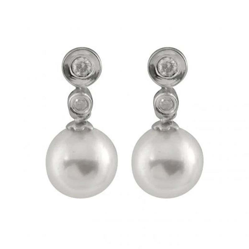 14K White Gold Round 7-7.5mm Chinese Akoya Pearl & Diamond Earrings