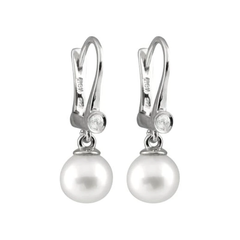14K White Gold 7-7.5mm Round Freshwater Pearl & Diamond Earrings