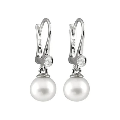 14K White Gold 7-7.5mm Round Freshwater Pearl & Diamond Earrings
