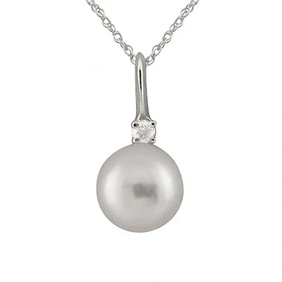 14K White Gold 8-8.5mm Round Akoya Pearl & Diamond Pendant