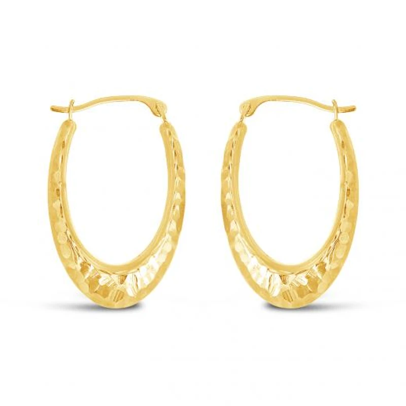 10K Yellow and White Gold Diamond Cut Oval Creole Hoops