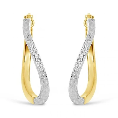 10K Yellow and White Gold Diamond Cut Twisted Hoops
