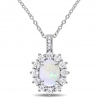 Julianna B Sterling Silver Opal White Topaz & Diamond Halo Pendant with Chain