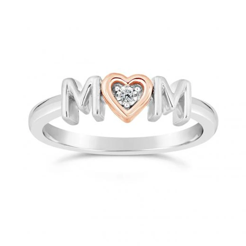 Sterling Silver 10K Rose Gold Diamond Mom Heart Ring