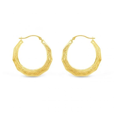 10K Yellow Gold Patterned Round Creole Earrings