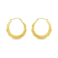 10K Yellow Gold Patterned Round Creole Earrings