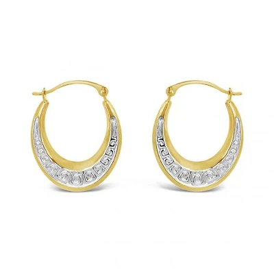 10K Yellow and White Gold Patterned Oval Creole Earrings