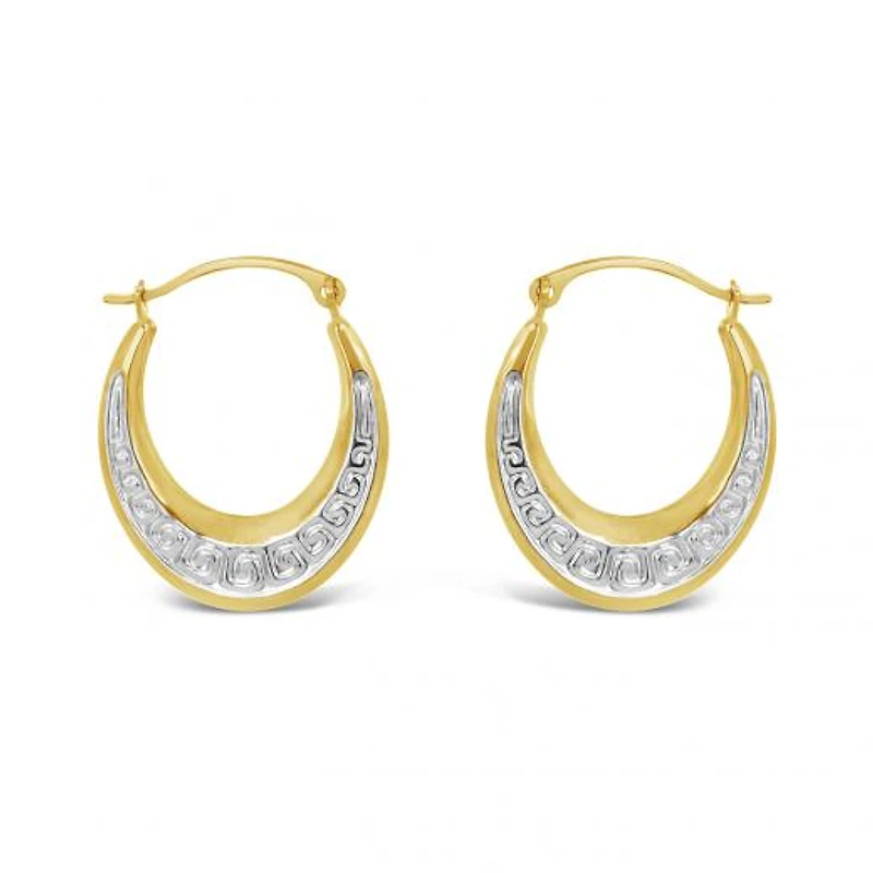 10K Yellow and White Gold Patterned Oval Creole Earrings