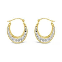 10K Yellow and White Gold Patterned Oval Creole Earrings