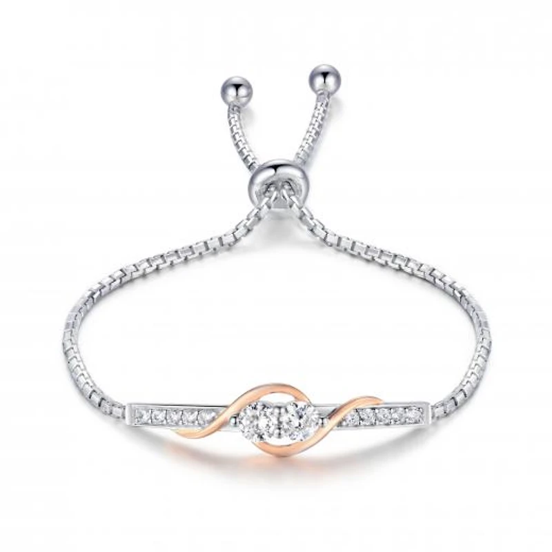 Sterling Silver Rose Plated Cubic Zirconia Bolo Bracelet
