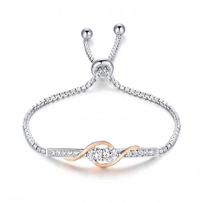 Sterling Silver Rose Plated Cubic Zirconia Bolo Bracelet
