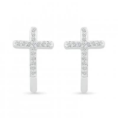 10K White Gold 0.10CTW Diamond Cross Earrings