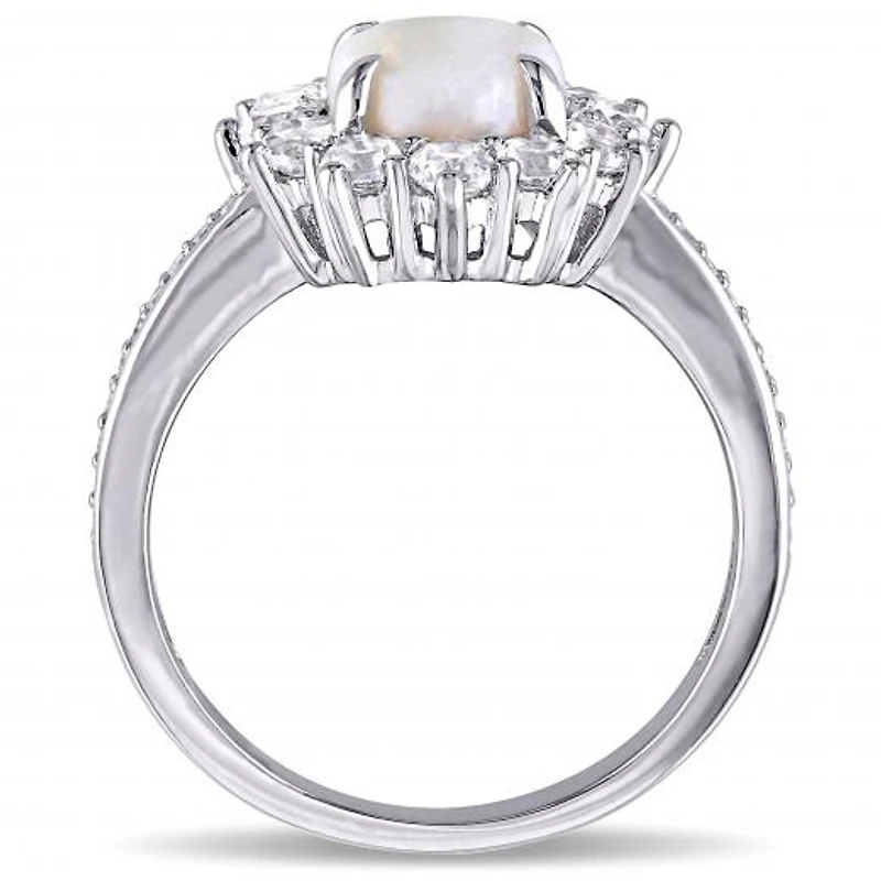 Julianna B Sterling Silver Opal and 0.10CTW Diamond and White Topaz Halo Ring