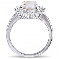 Julianna B Sterling Silver Opal and 0.10CTW Diamond and White Topaz Halo Ring