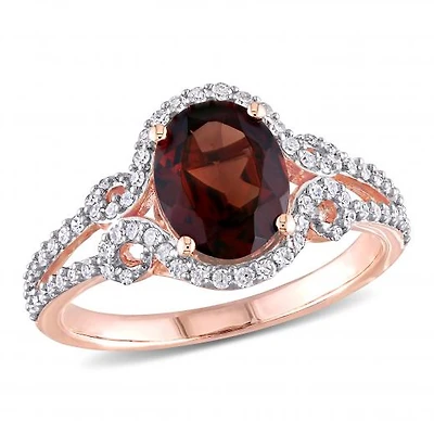 Julianna B 10K Rose Gold Garnet and 0.33CTW Diamond Oval Halo Ring