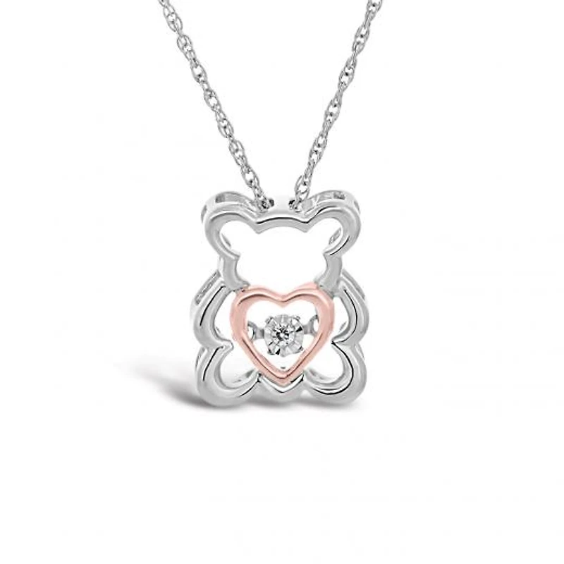 Sterling Silver 10K Rose Gold Dancing Diamond Teddy Bear Pendant