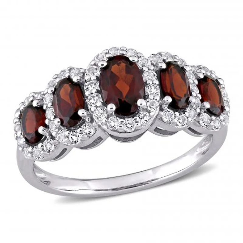 Julianna B 10K White Gold Garnet and White Topaz Halo 5-Stone Ring