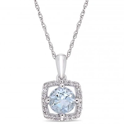 Julianna B 10K White Gold Aquamarine and Diamond Square Halo Pendant with Chain
