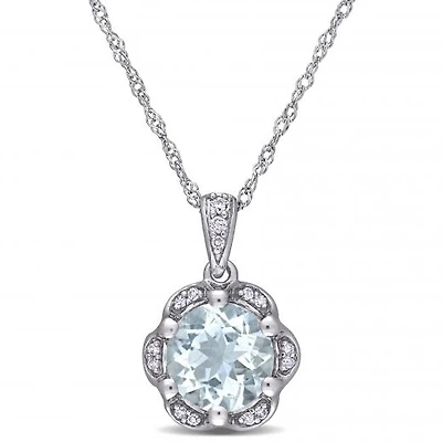 Julianna B 14K White Gold Aquamarine and Diamond Accent Flower Necklace