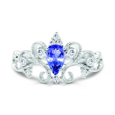 10K White Gold Tanzanite & Diamond Crown Ring