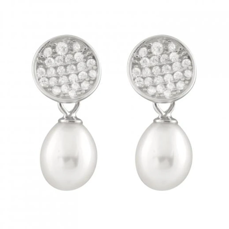 Sterling Silver 7.5-8mm White Freshwater Pearl Cubic Zirconia Earrings