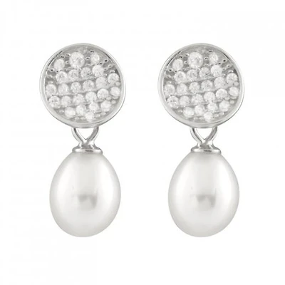 Sterling Silver 7.5-8mm White Freshwater Pearl Cubic Zirconia Earrings