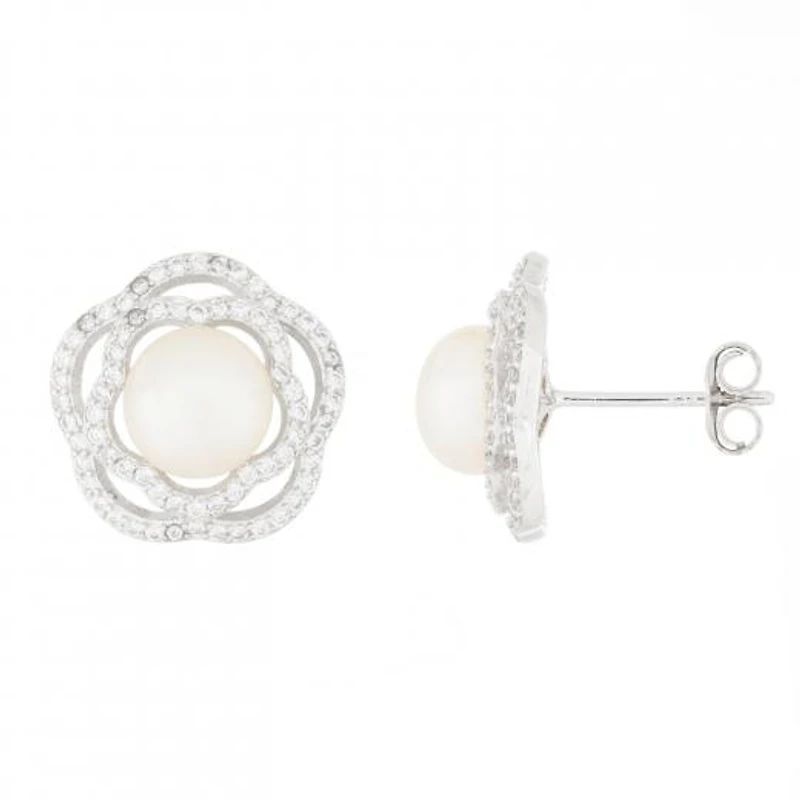 Sterling Silver 7-7.5mm White Freshwater Pearl Fancy Stud Earrings