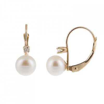 14K Yellow Gold 6-7mm Pearl & Diamond Accented Leverback Earrings