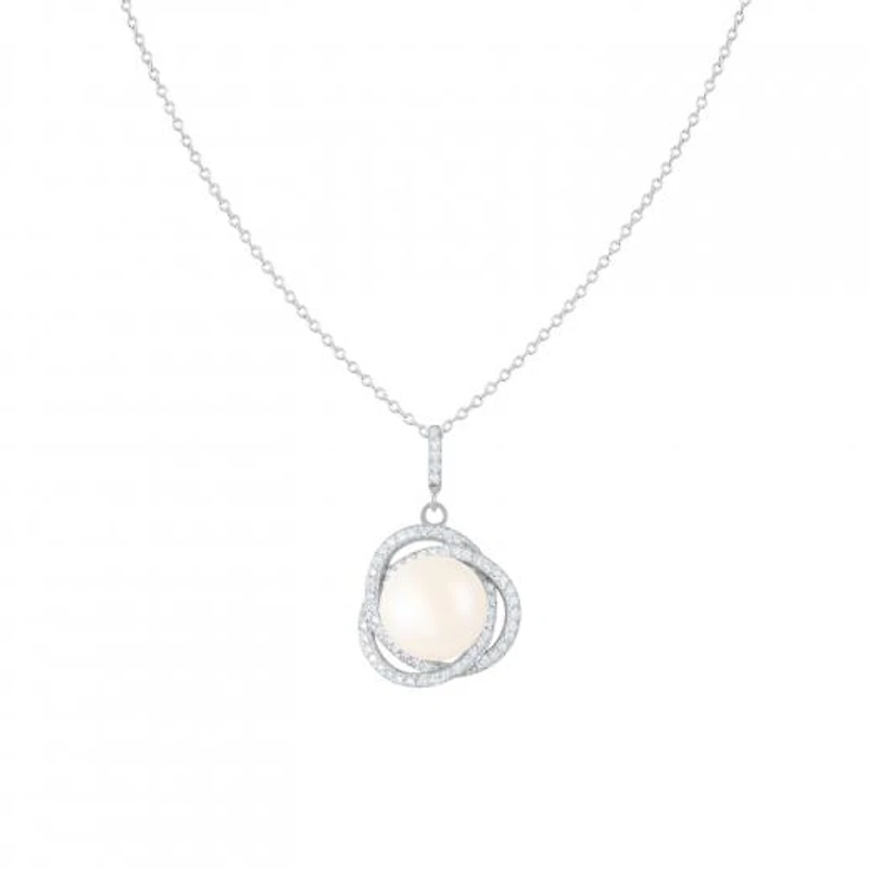 Sterling Silver 11-12mm Fancy Halo Pearl & Cubic Zirconia Pendant
