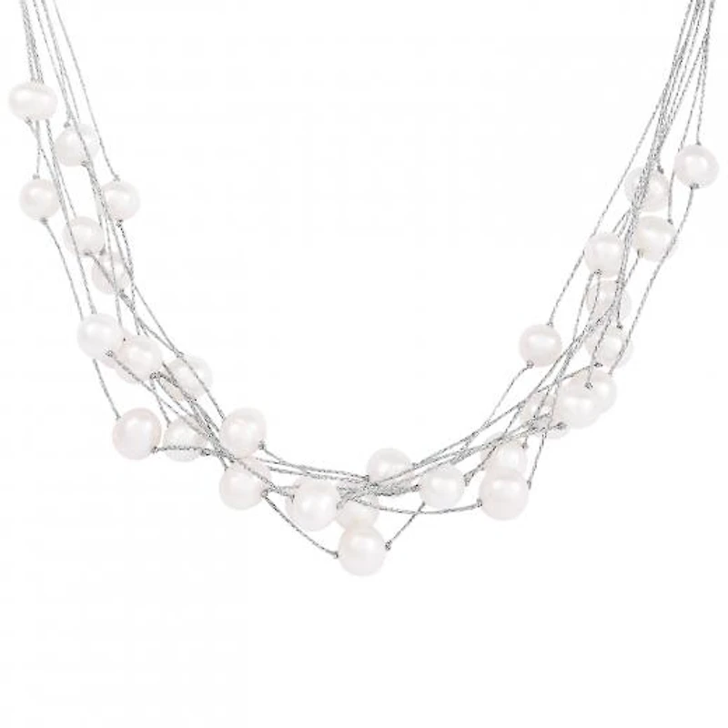 Sterling Silver 7-8mm Multirow Threaded White Pearl Necklace