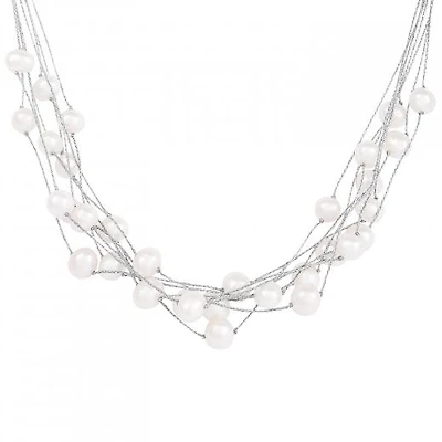 Sterling Silver 7-8mm Multirow Threaded White Pearl Necklace