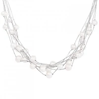 Sterling Silver 7-8mm Multirow Threaded White Pearl Necklace