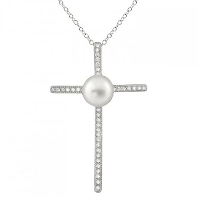Sterling Silver Micropave Cubic Zirconia & 8-8.5mm Pearl Crucifix