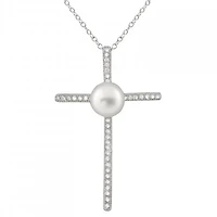 Sterling Silver Micropave Cubic Zirconia & 8-8.5mm Pearl Crucifix