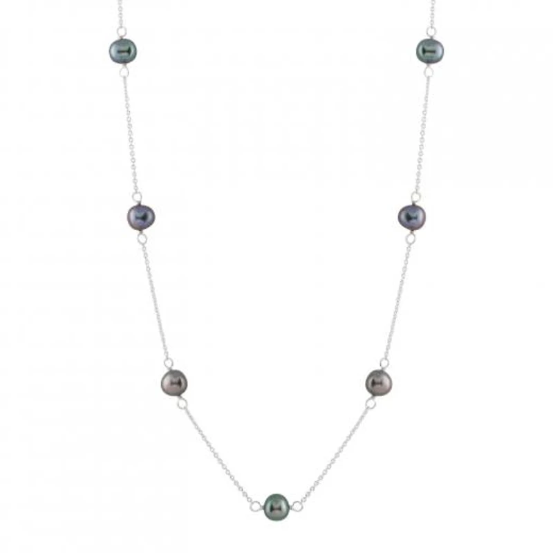 Sterling Silver 5 Stationed 7-8mm Pearl Necklace