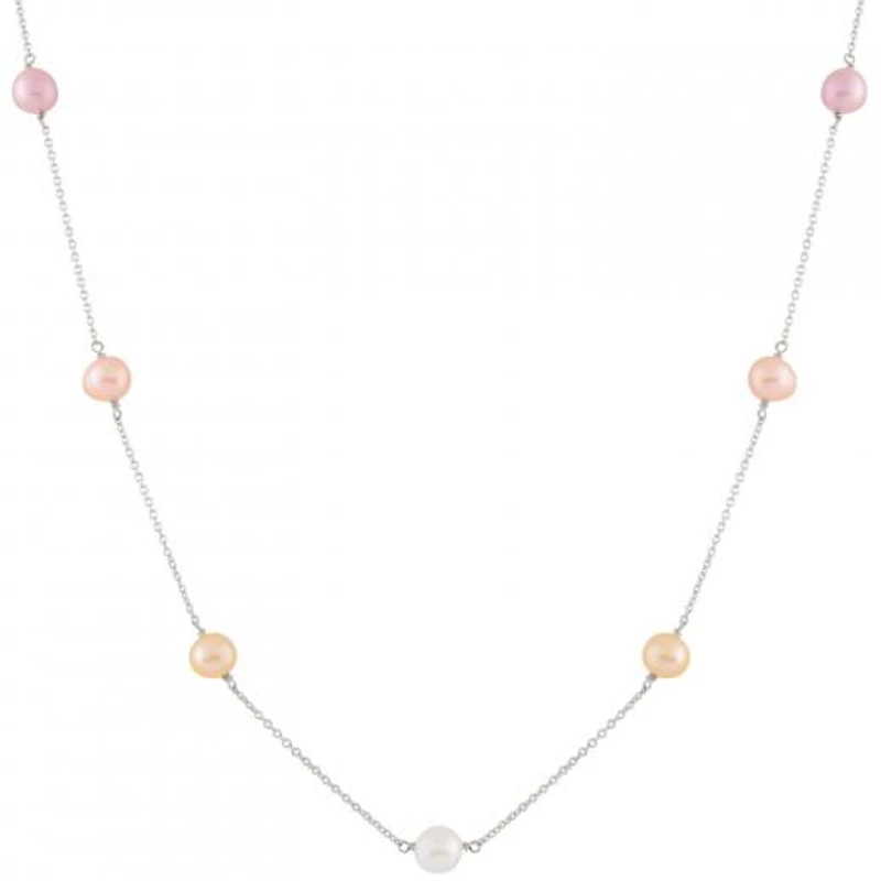 Sterling Silver 5 Stationed 7-8mm Pearl Necklace