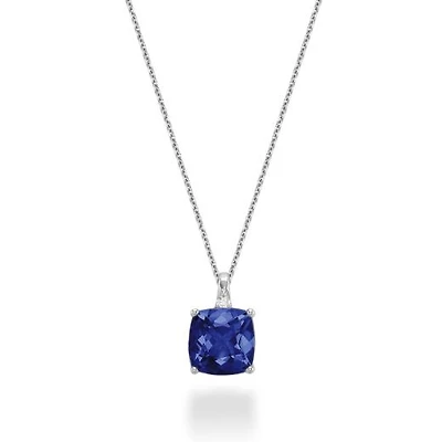 10K White Gold Created Blue Sapphire & Diamond Pendant