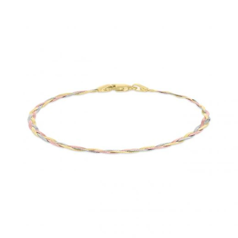 10K Tri-Colour Gold 7.5" 2.7mm Three Strands Braid Bracelet