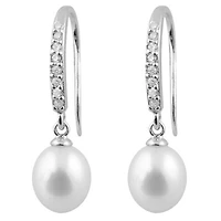 Sterling Silver 7-8mm White Freshwater Pearl & Cubic Zirconia Hook Earrings