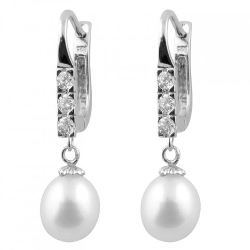 Sterling Silver 7-8mm White Freshwater Pearls and Cubic Zirconia Earrings