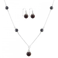 Sterling Silver Black Freshwater Pearl 18" Necklace and Earrings Set