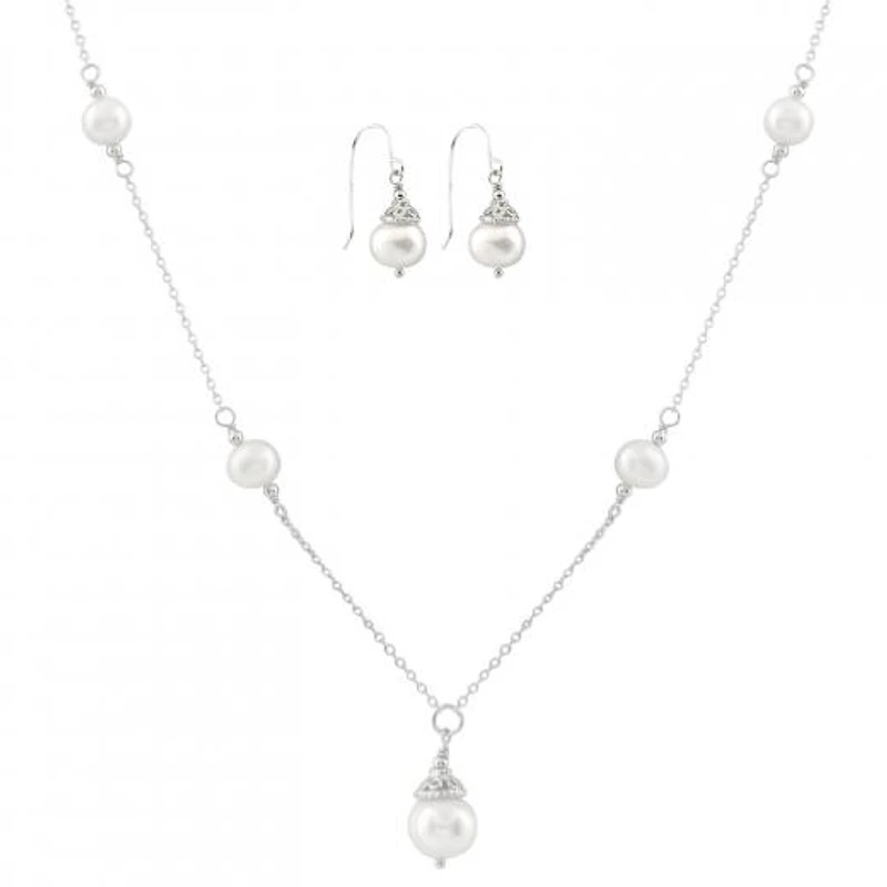 Sterling Silver White Freshwater Pearl 18" Necklace and Earrings Set
