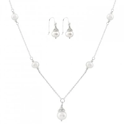 Sterling Silver White Freshwater Pearl 18" Necklace and Earrings Set