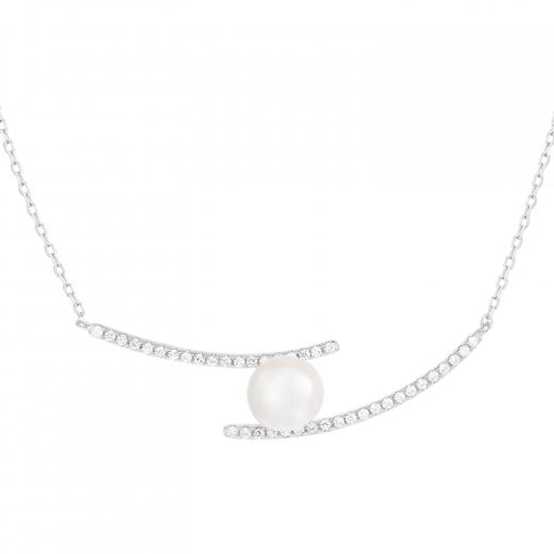 Sterling Silver 7.5-8mm Freshwater Pearls and Cubic Zirconia Necklace